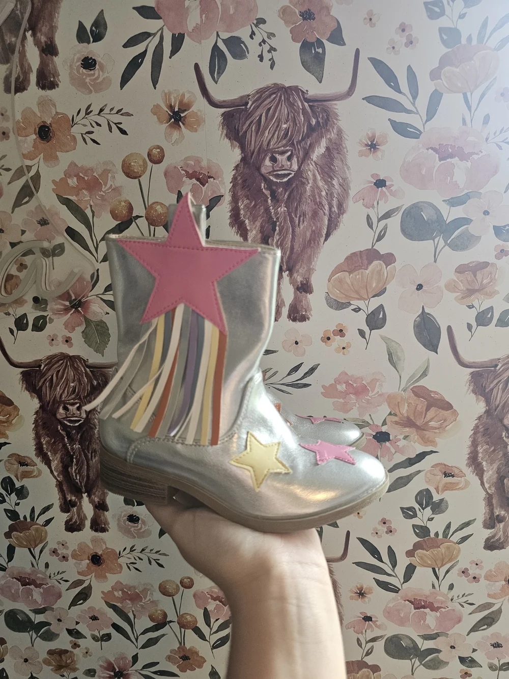 Dream Pairs Silver Kids Star Fringe Boots with Pink and Yellow Accents
